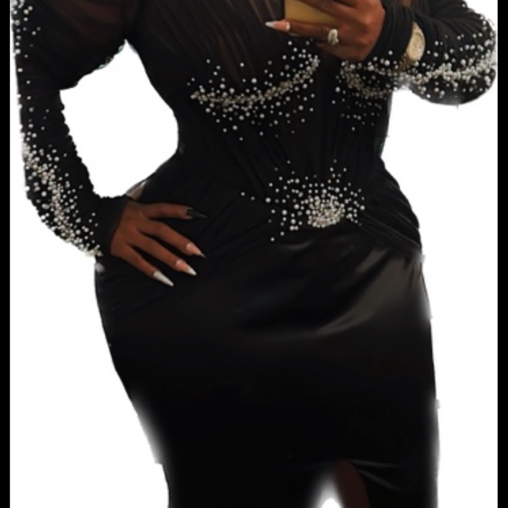 Elegant Black Maxi Dress with Pearl Accents custom made by VEEKEE JAMES